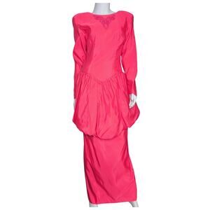 80s Pink Satin Bubble Evening Gown Party Prom Formal Maxi Dress XS Basque Waist‎